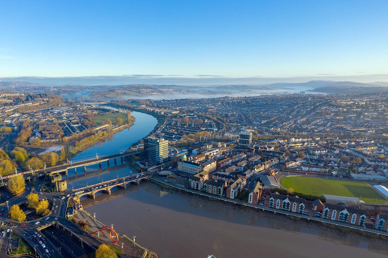 Rodney Parade on the bank of the Usk